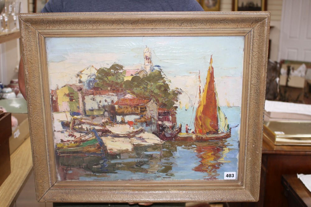 Italian School, oil on canvas, Fishing boats along the coast, indistinctly signed and dated, 40 x 50cm